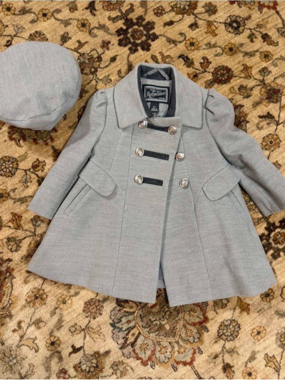 Rothschild Girls' Light Gray Double-Breasted Pea Coat with Matching Hat